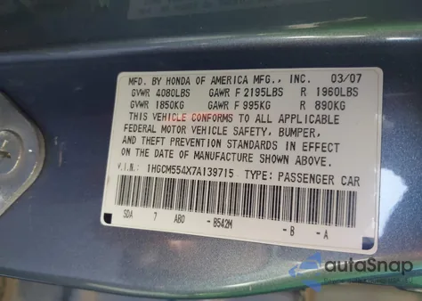 2007 Honda Accord 2.4 Lx from USA, damaged, VIN 1HGCM554X7A139715